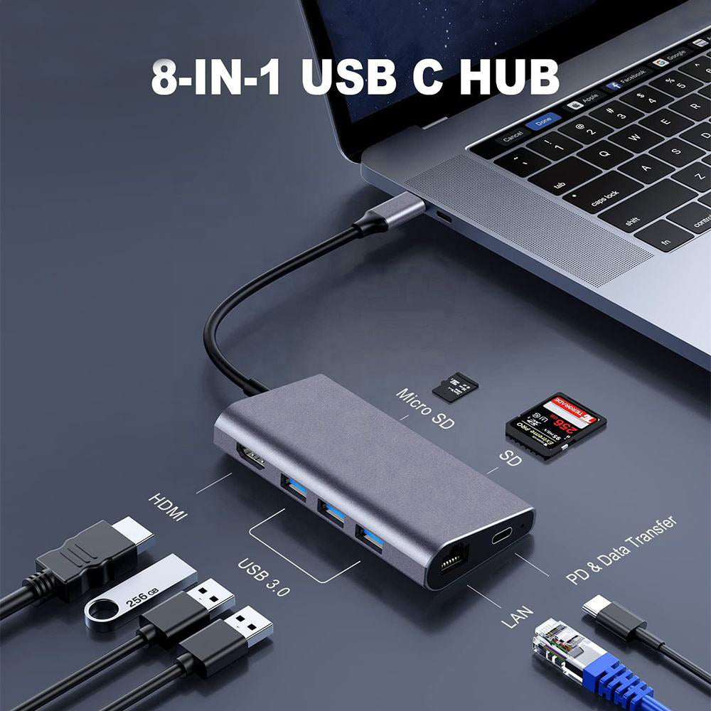 Type C to 4k HDMI USB 3.0 SD/TF Card Gigabit Network Hub Adaptor USB C Hub 8 in 1