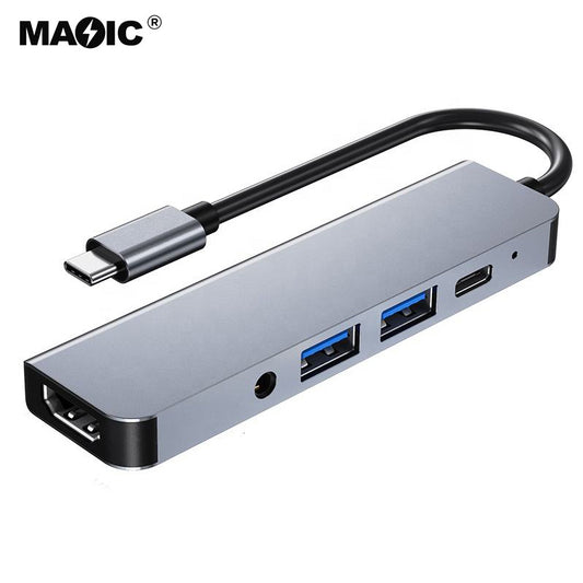 USB C to 4K HDMI Adapter USB 3.0 USB 2.0 3.5mm Audio Jack Docking Station Type C Hub 5 in 1 for Laptop