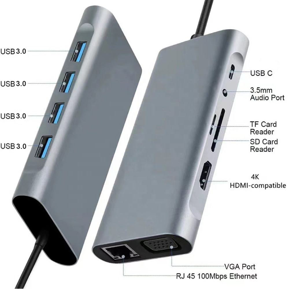 11 in 1 Type C Docking Station Type C to 4k HDMI 4 Ports USB 3.0 VGA 1000M RJ45 Ethernet USB Hub for Laptop