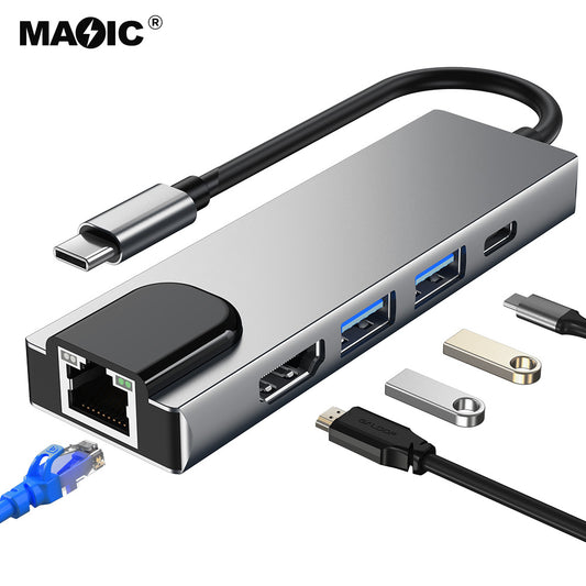 5 in 1 Dock A - Type C to RJ 45+HDMI+2*USB+PD | USB C Hub | Plug & Play |